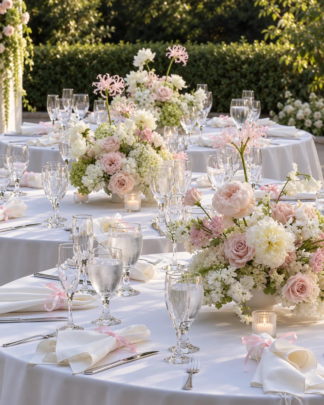 Centros de mesa en rosa y blanco para banquete de boda al aire libre en Torrevieja