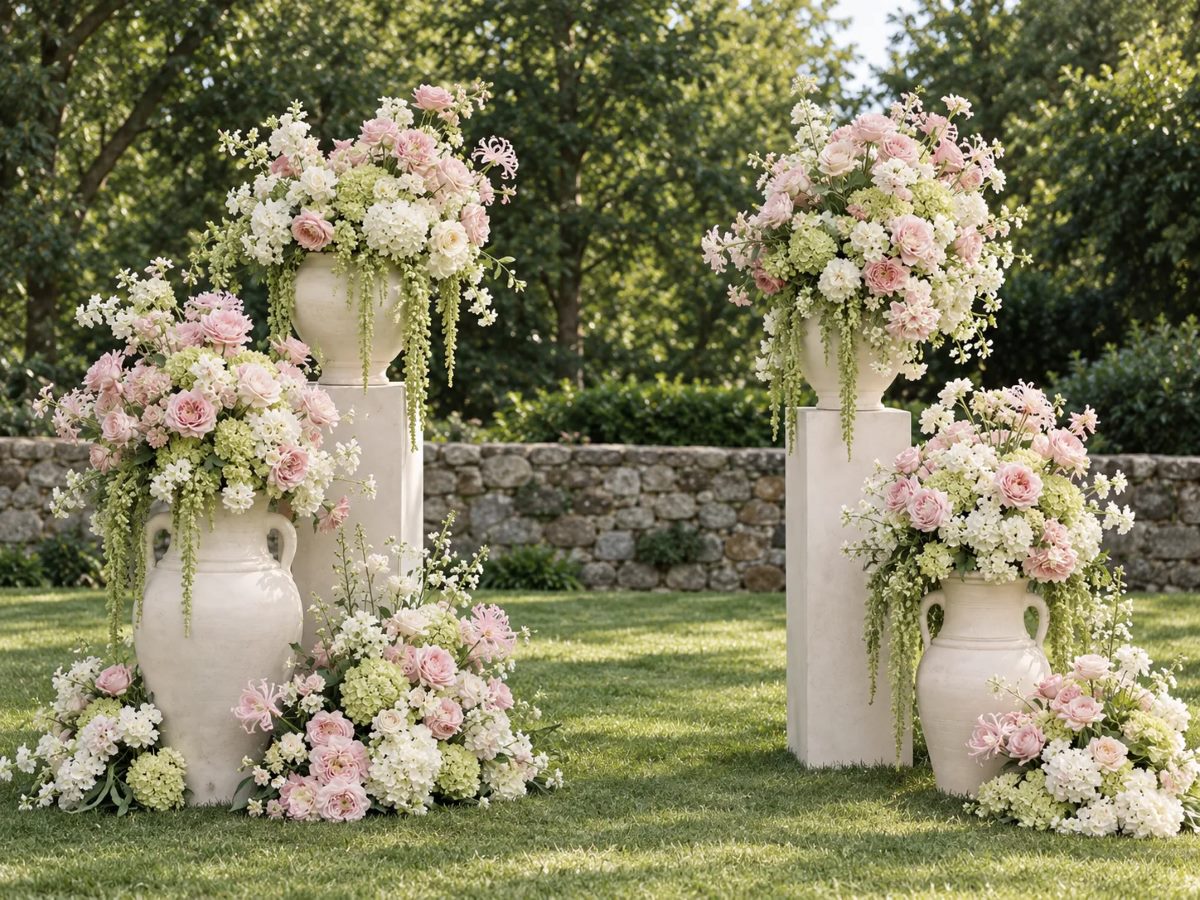 Ceremonia de boda en jardín con columnas y ánforas de flores rosas y blancas en Torrevieja