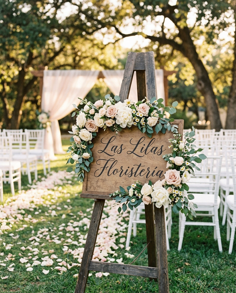 Cartel de bienvenida de Las Lilas Floristería en una ceremonia de boda al aire libre