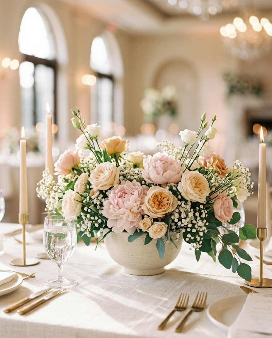 Centro de mesa floral en tonos pastel para banquete elegante