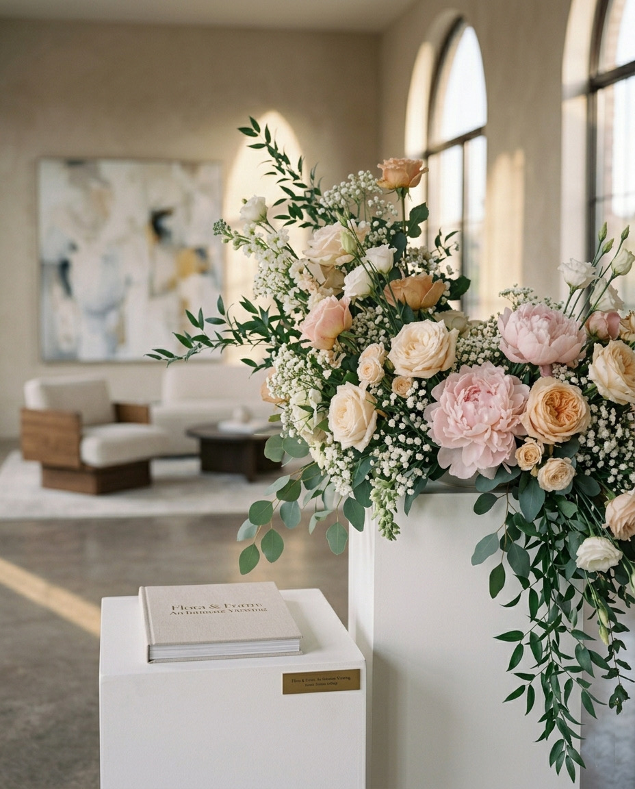 Arreglo floral sobre pedestal para evento corporativo
