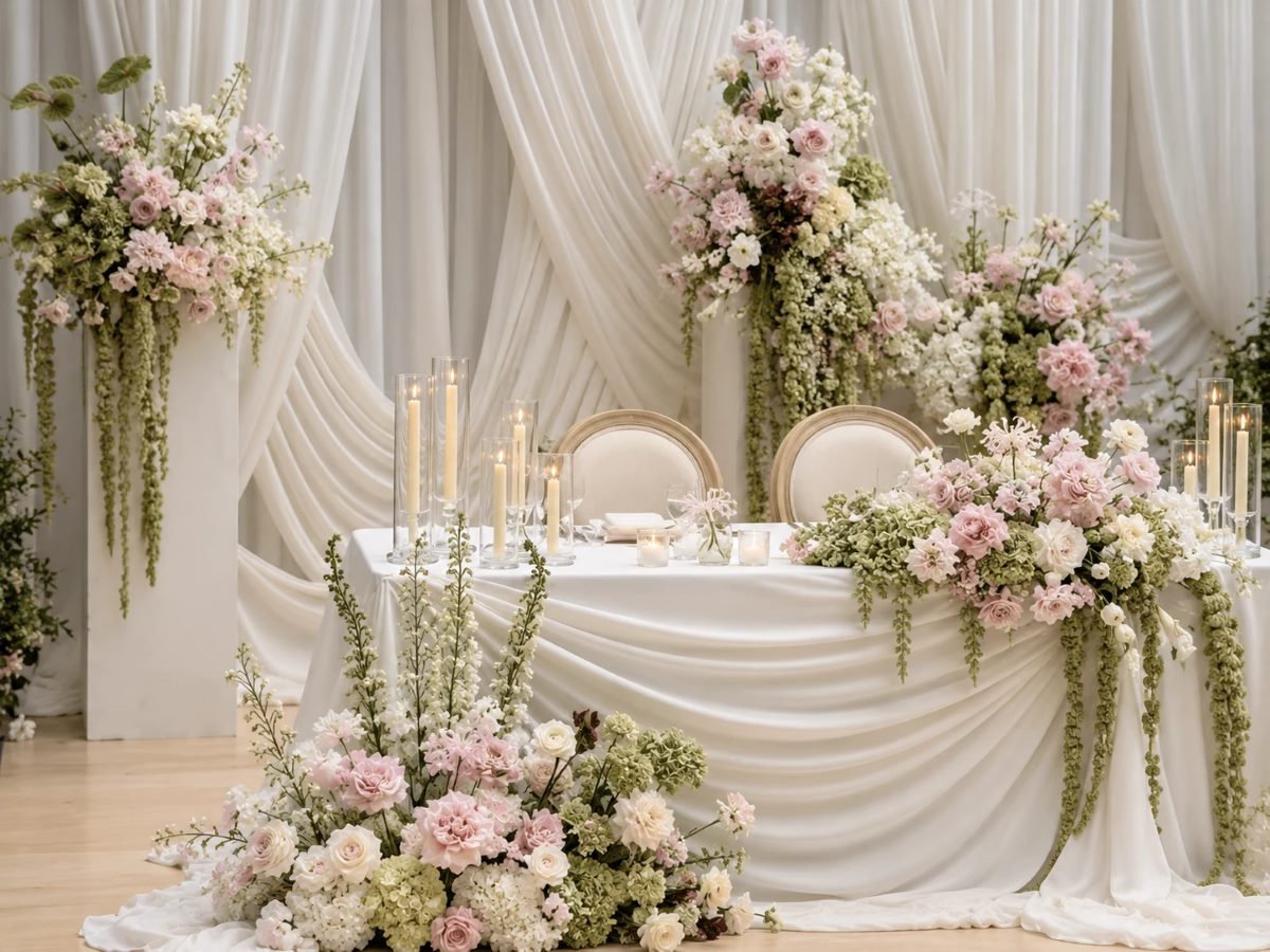 Mesa presidencial de boda con flores rosas y blancas, velas y columnas florales en Torrevieja